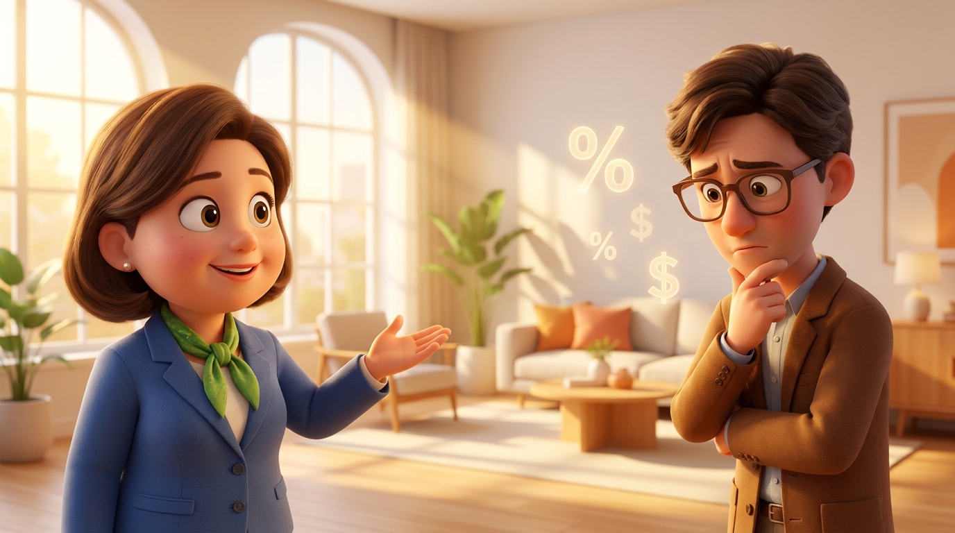 A Pixar-style real estate agent at an open house calling out financing numbers while a visitor calculates the figures in their head
