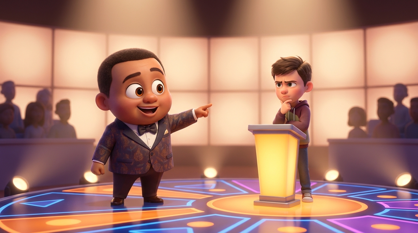 A Pixar-style game show host and contestant on a quiz stage as the contestant races to calculate an answer mentally