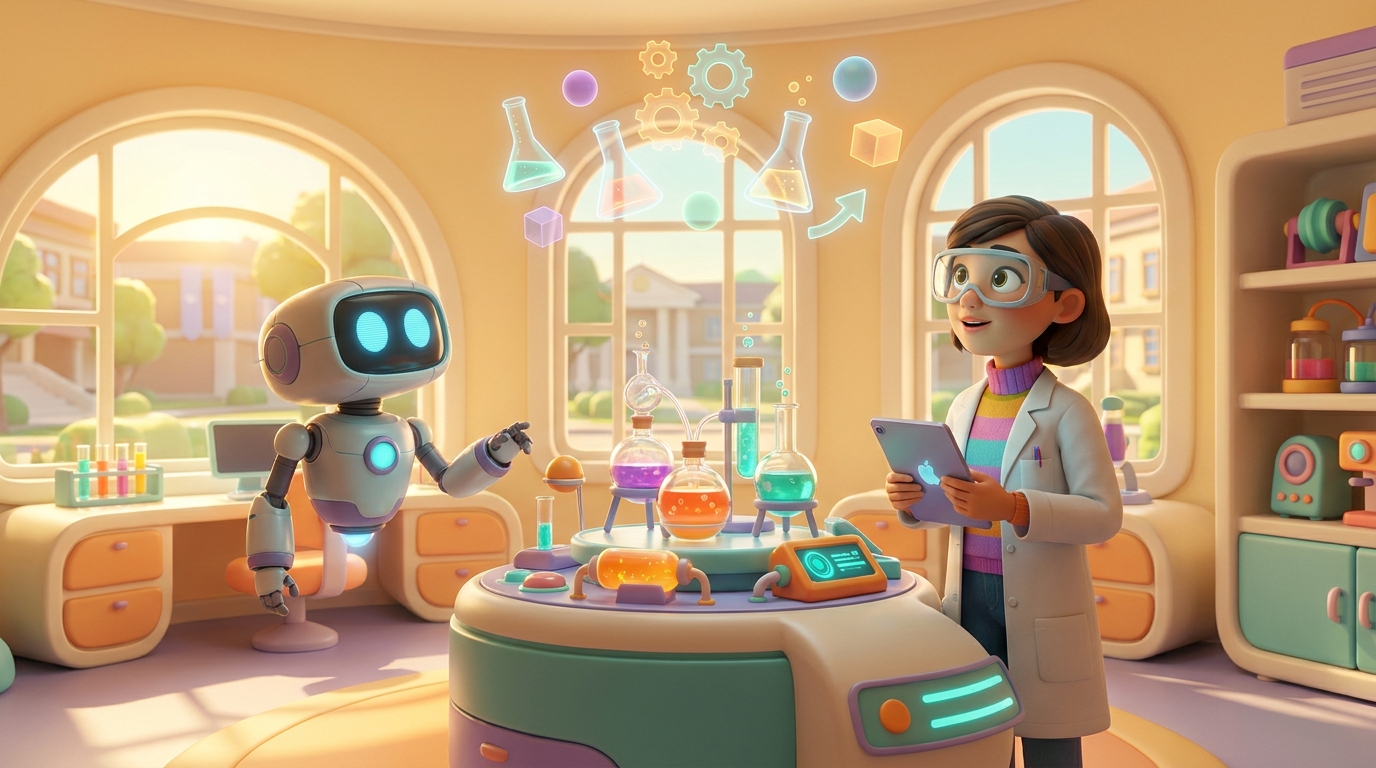 A Pixar-style cartoon heroine scientist and her robot assistant in a bright lab computing weights and formulas together
